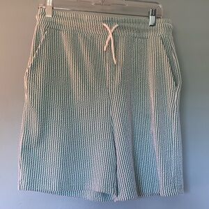 Magaschoni shorts, men’s size medium, green and white mini stripe, cool texture.